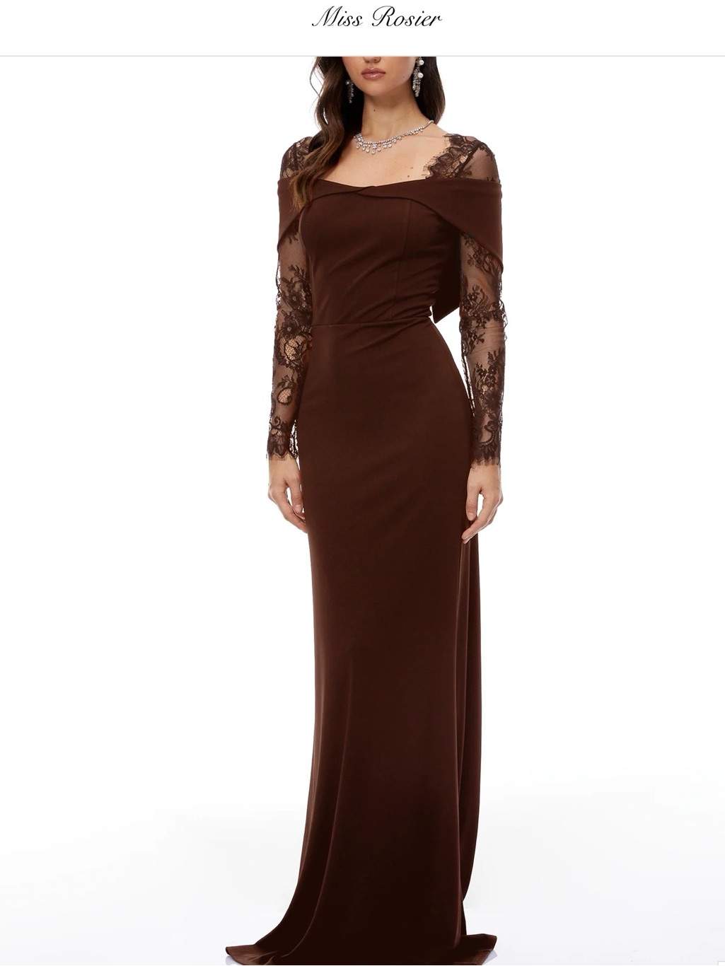 New Miss Rosier Medium Georgiana Brown Lace Sleeve Rear Lace Up Flared Maxi Gown